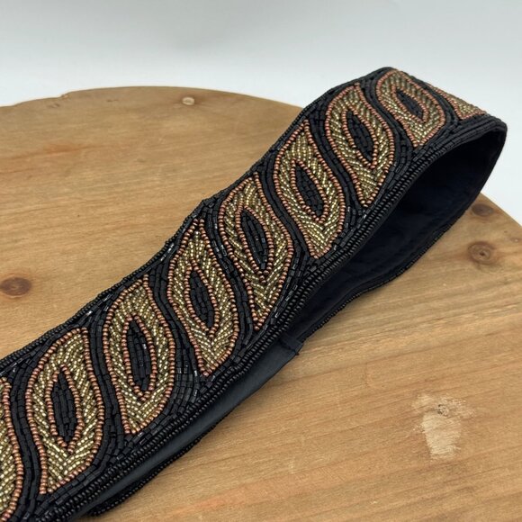 La Regale Fabric Beaded Black Gold Silver 2.25” WIDE Belt SZ S Hook Loop vintage - Picture 6 of 14